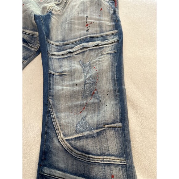 ArkeType Jeans Mens 38x32 Blue Acid Washed Dripped Ripped Distressed Stretch - Picture 15 of 16
